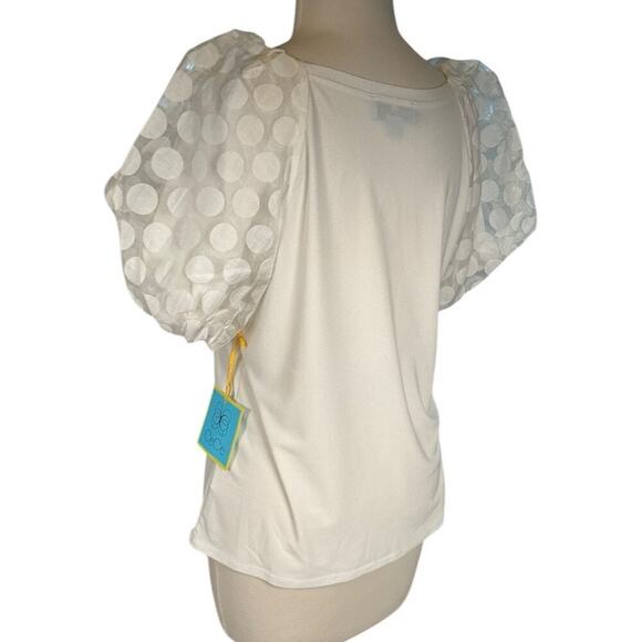 CeCe Mixed Media Round Neck Polka Dot Puff Short Sleeve Top Medium White NWT - Picture 4 of 10